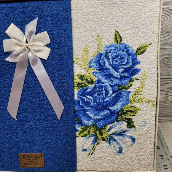 Jay Marc Creations Bathroom Towel Set 3 Piece Guest Towel Blue Rose Floral Vtg - Picture 3 of 12